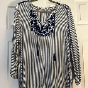 Old Navy Navy and White Striped Blouse with Embroidery